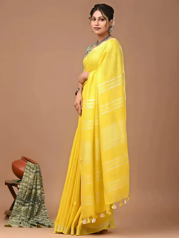 Yellow_Handloom_Stripe_Zari_Cotton_Silk_Saree_For_Women