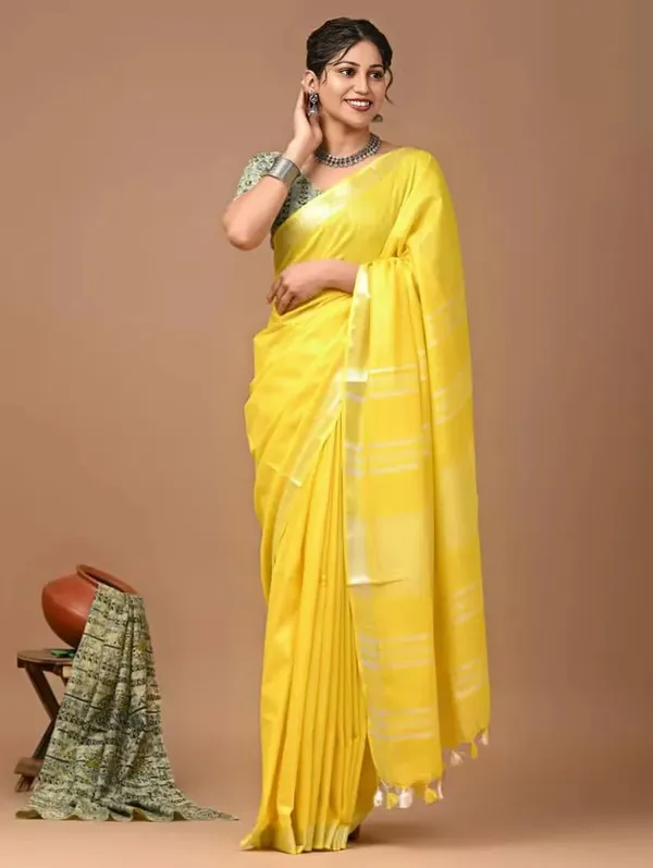 Yellow_Handloom_Stripe_Zari_Cotton_Silk_Saree_For_Women