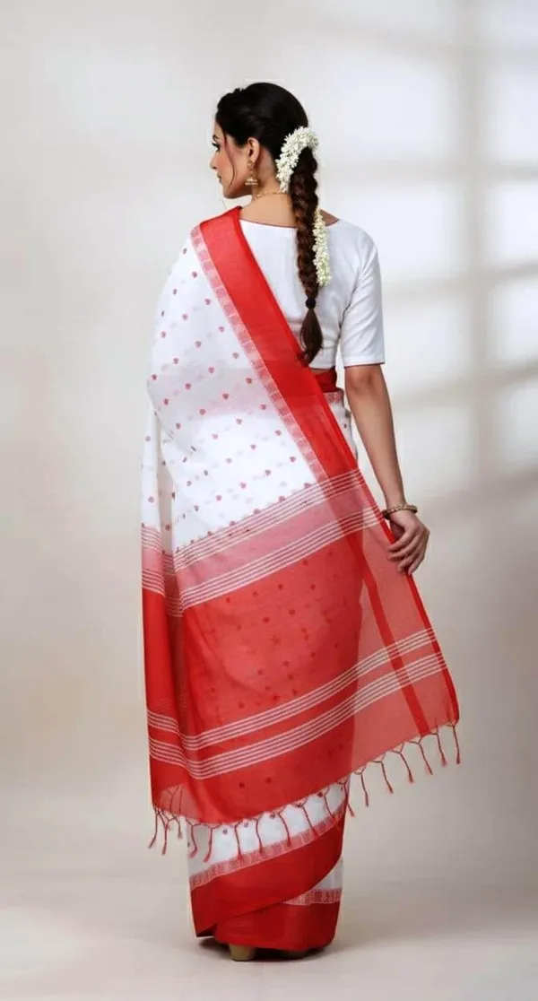 Red_&_White_Cotton_Saree|Two-Tone_Plain_Saree_|_Handloom_Ethnic_Saree_With_Tassels_On_Pallu_|_Daily,_Office,_Festival_Wear_|_Blouse_Piece_Included_For_Women