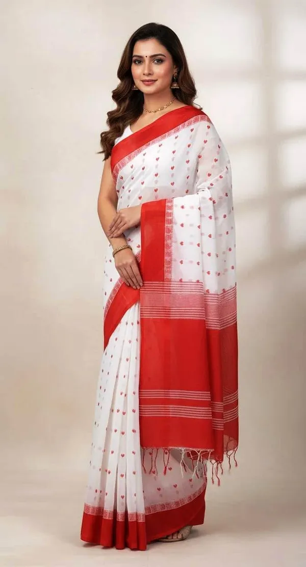 Red_&_White_Cotton_Saree|Two-Tone_Plain_Saree_|_Handloom_Ethnic_Saree_With_Tassels_On_Pallu_|_Daily,_Office,_Festival_Wear_|_Blouse_Piece_Included_For_Women