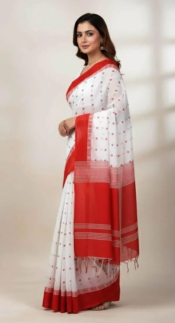 Red_&_White_Cotton_Saree|Two-Tone_Plain_Saree_|_Handloom_Ethnic_Saree_With_Tassels_On_Pallu_|_Daily,_Office,_Festival_Wear_|_Blouse_Piece_Included_For_Women