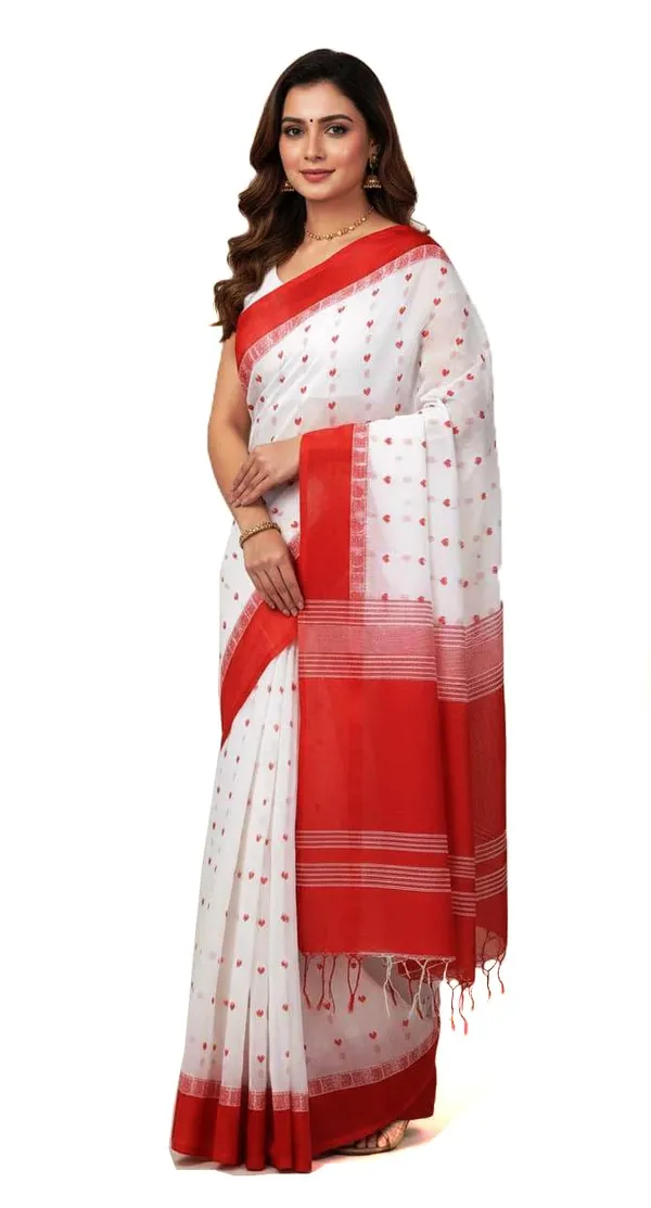 Red_&_White_Cotton_Saree|Two-Tone_Plain_Saree_|_Handloom_Ethnic_Saree_With_Tassels_On_Pallu_|_Daily,_Office,_Festival_Wear_|_Blouse_Piece_Included_For_Women