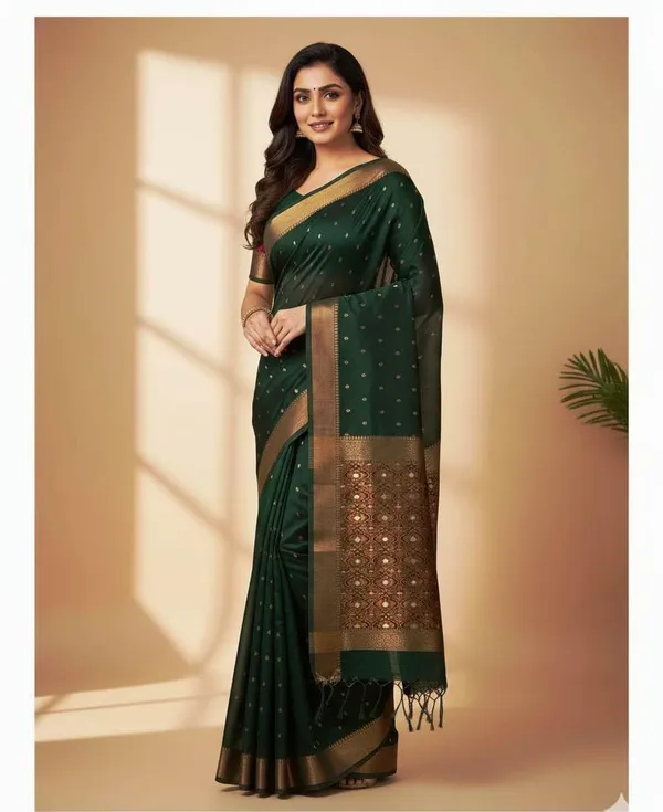 Green_Cotton_Hand_Woven_Bengal_Jamdani_Saree_|Two-Tone_Plain_Saree_|_Handloom_Ethnic_Saree_With_Tassels_On_Pallu_|_Daily,_Office,_Festival_Wear_|_Blouse_Piece_Included_Zari_For_Women