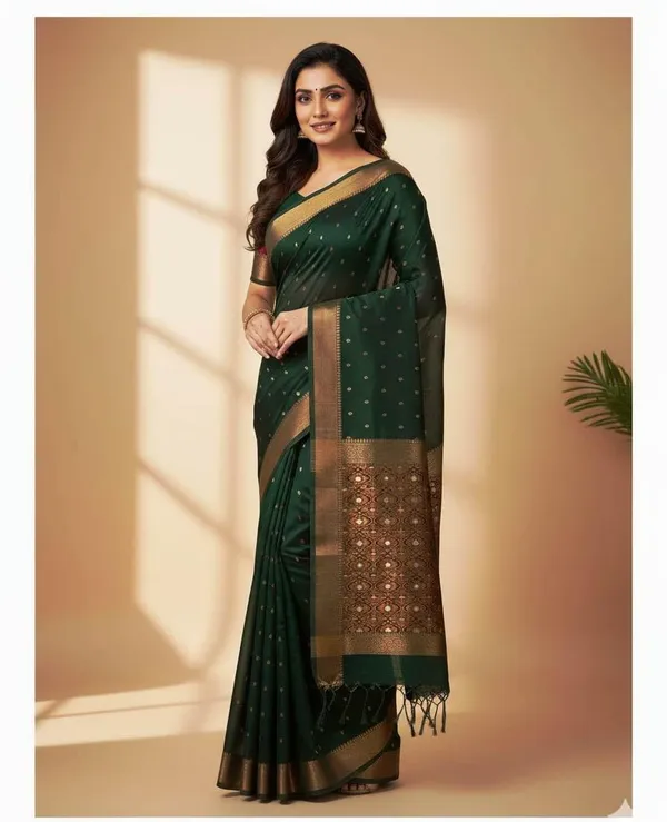 Green_Cotton_Hand_Woven_Bengal_Jamdani_Saree_|Two-Tone_Plain_Saree_|_Handloom_Ethnic_Saree_With_Tassels_On_Pallu_|_Daily,_Office,_Festival_Wear_|_Blouse_Piece_Included_Zari_For_Women