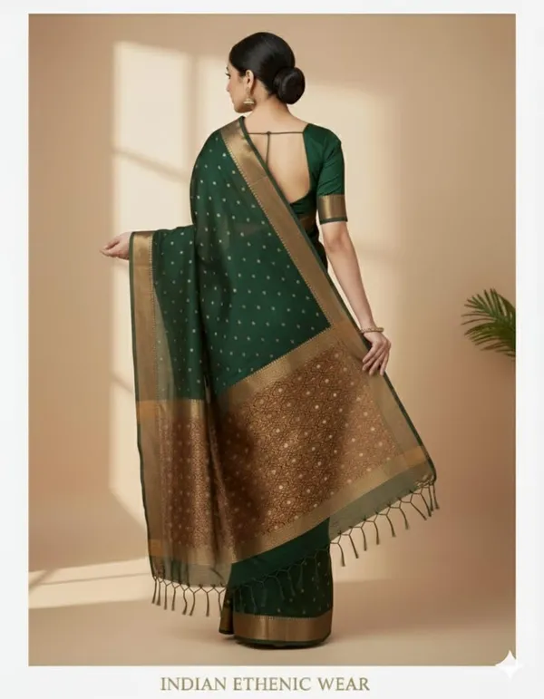 Green_Cotton_Hand_Woven_Bengal_Jamdani_Saree_|Two-Tone_Plain_Saree_|_Handloom_Ethnic_Saree_With_Tassels_On_Pallu_|_Daily,_Office,_Festival_Wear_|_Blouse_Piece_Included_Zari_For_Women
