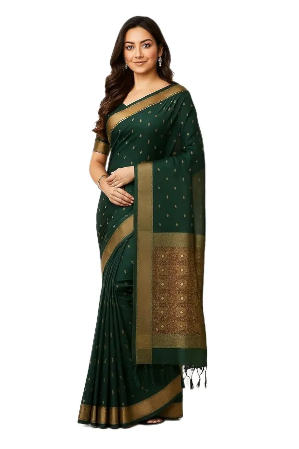 Green_Cotton_Hand_Woven_Bengal_Jamdani_Saree_|Two-Tone_Plain_Saree_|_Handloom_Ethnic_Saree_With_Tassels_On_Pallu_|_Daily,_Office,_Festival_Wear_|_Blouse_Piece_Included_Zari_For_Women