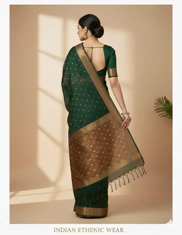 Green_Cotton_Hand_Woven_Bengal_Jamdani_Saree_|Two-Tone_Plain_Saree_|_Handloom_Ethnic_Saree_With_Tassels_On_Pallu_|_Daily,_Office,_Festival_Wear_|_Blouse_Piece_Included_Zari_For_Women