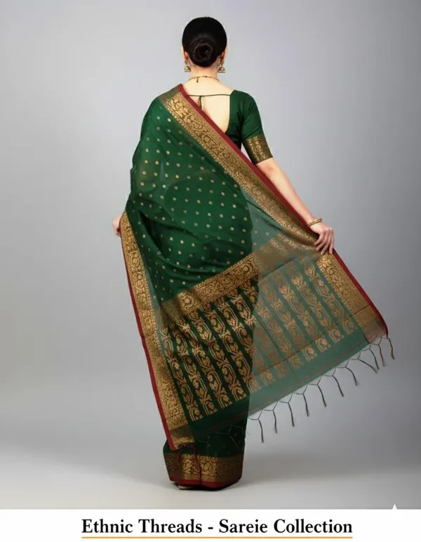 Deep_Green_Cotton_Hand_Woven_Bengal_Jamdani_Saree_|Two-Tone_Plain_Saree_|_Handloom_Ethnic_Saree_With_Tassels_On_Pallu_|_Daily,_Office,_Festival_Wear_|_Blouse_Piece_For_Women