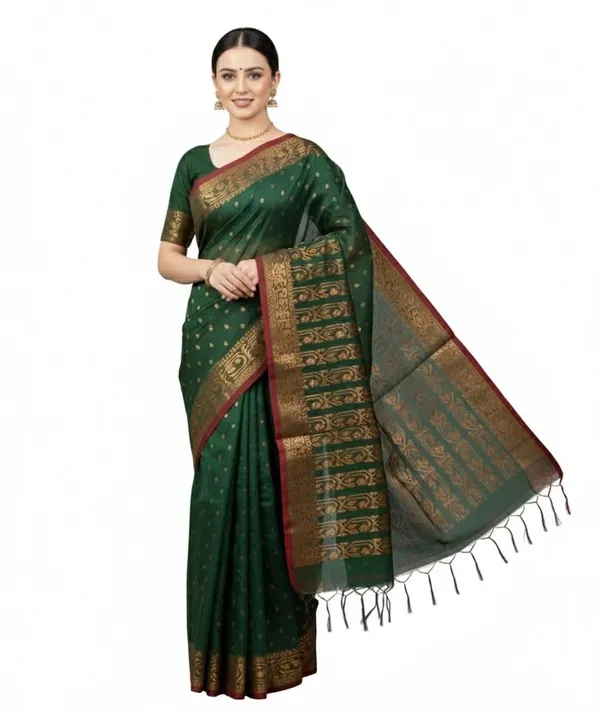 Deep_Green_Cotton_Hand_Woven_Bengal_Jamdani_Saree_|Two-Tone_Plain_Saree_|_Handloom_Ethnic_Saree_With_Tassels_On_Pallu_|_Daily,_Office,_Festival_Wear_|_Blouse_Piece_For_Women