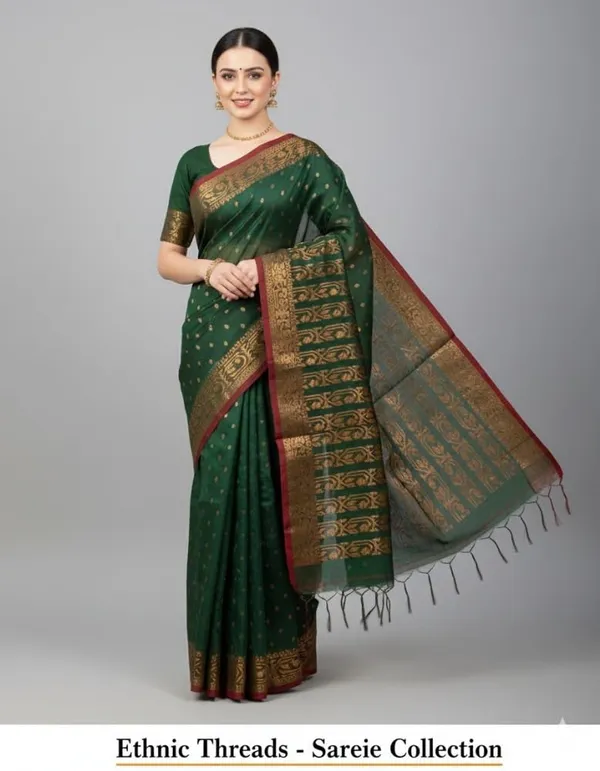 Deep_Green_Cotton_Hand_Woven_Bengal_Jamdani_Saree_|Two-Tone_Plain_Saree_|_Handloom_Ethnic_Saree_With_Tassels_On_Pallu_|_Daily,_Office,_Festival_Wear_|_Blouse_Piece_For_Women