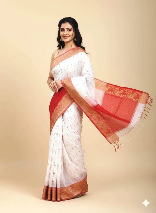 Red_&_White_Cotton_Hand_Woven_Bengal_Jamdani_Saree_|Two-Tone_Hand_Woven_|_Handloom_Ethnic_Saree_With_Red_And_White_Pallu_|_Daily,_Office,_Festival_Wear_|_Blouse_Piece_For_Women