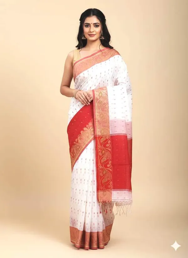 Red_&_White_Cotton_Hand_Woven_Bengal_Jamdani_Saree_|Two-Tone_Hand_Woven_|_Handloom_Ethnic_Saree_With_Red_And_White_Pallu_|_Daily,_Office,_Festival_Wear_|_Blouse_Piece_For_Women