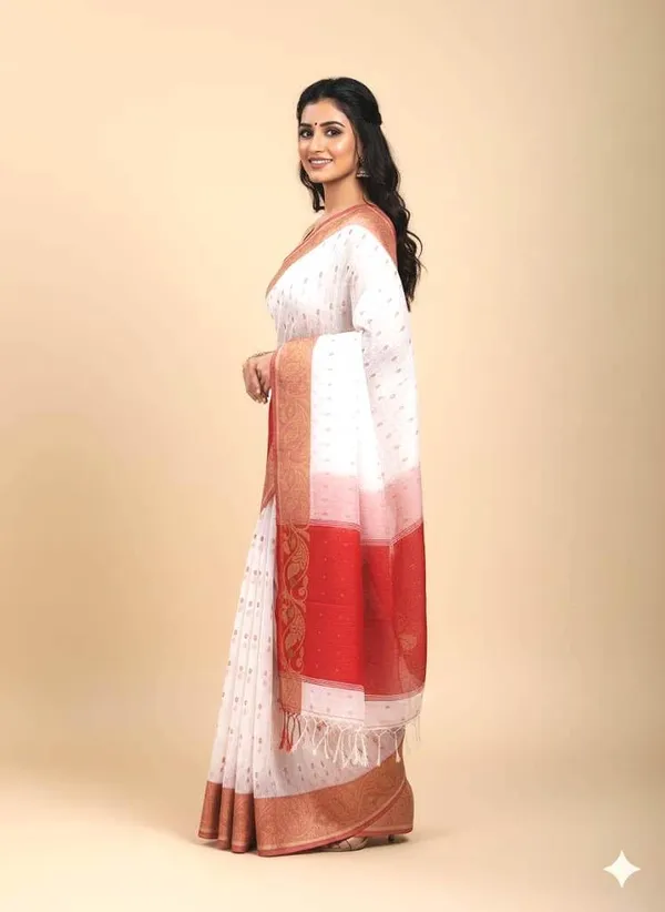 Red_&_White_Cotton_Hand_Woven_Bengal_Jamdani_Saree_|Two-Tone_Hand_Woven_|_Handloom_Ethnic_Saree_With_Red_And_White_Pallu_|_Daily,_Office,_Festival_Wear_|_Blouse_Piece_For_Women