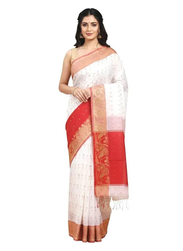Red_&_White_Cotton_Hand_Woven_Bengal_Jamdani_Saree_|Two-Tone_Hand_Woven_|_Handloom_Ethnic_Saree_With_Red_And_White_Pallu_|_Daily,_Office,_Festival_Wear_|_Blouse_Piece_For_Women