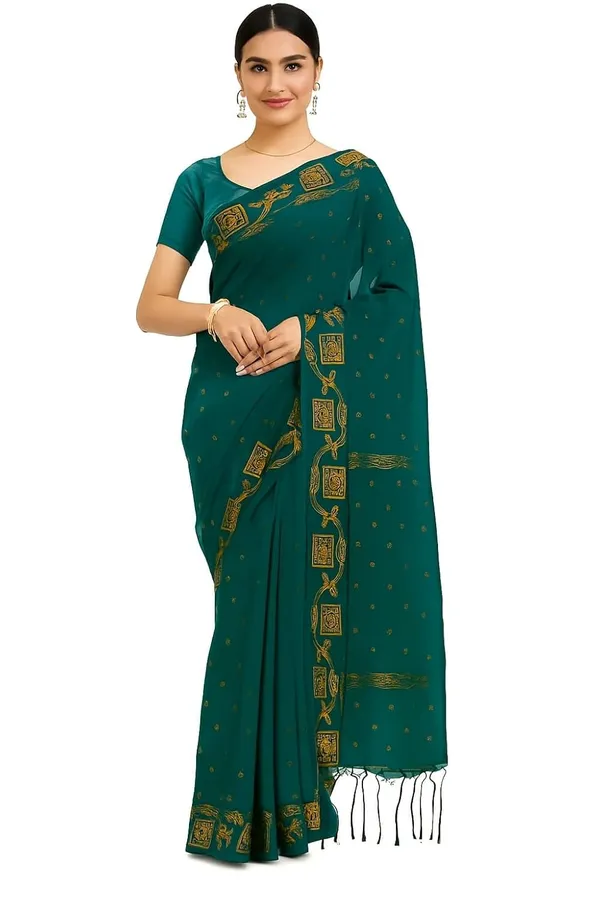 Green_Cotton_Hand_Woven_Bengal_Jamdani_Saree|Two-Tone_Plain_Saree_|_Handloom_Ethnic_Saree_With_Tassels_On_Pallu_|_Daily,_Office,_Festival_Wear_|_Blouse_Piece_For_Women