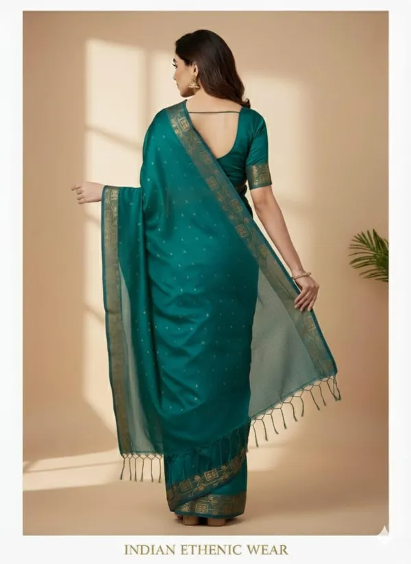 Green_Cotton_Hand_Woven_Bengal_Jamdani_Saree|Two-Tone_Plain_Saree_|_Handloom_Ethnic_Saree_With_Tassels_On_Pallu_|_Daily,_Office,_Festival_Wear_|_Blouse_Piece_For_Women