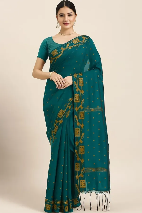 Green_Cotton_Hand_Woven_Bengal_Jamdani_Saree|Two-Tone_Plain_Saree_|_Handloom_Ethnic_Saree_With_Tassels_On_Pallu_|_Daily,_Office,_Festival_Wear_|_Blouse_Piece_For_Women