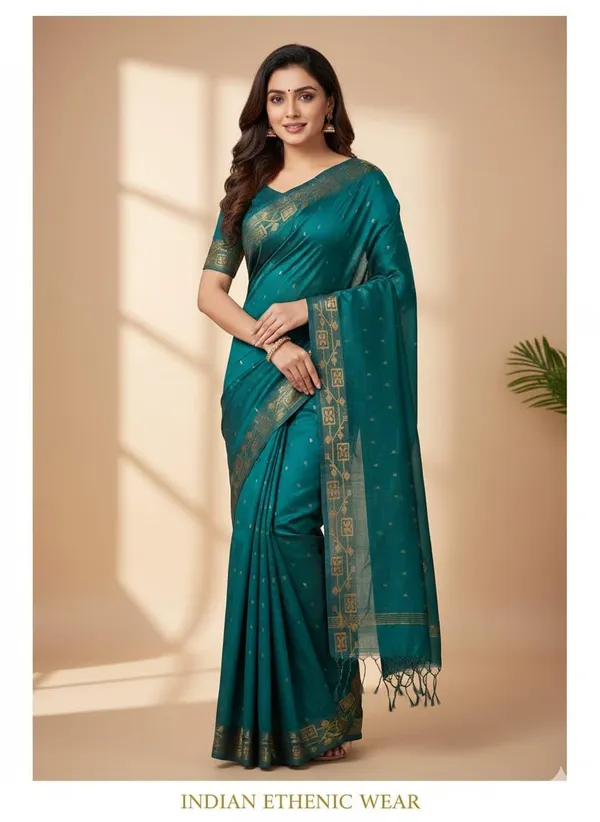 Green_Cotton_Hand_Woven_Bengal_Jamdani_Saree|Two-Tone_Plain_Saree_|_Handloom_Ethnic_Saree_With_Tassels_On_Pallu_|_Daily,_Office,_Festival_Wear_|_Blouse_Piece_For_Women