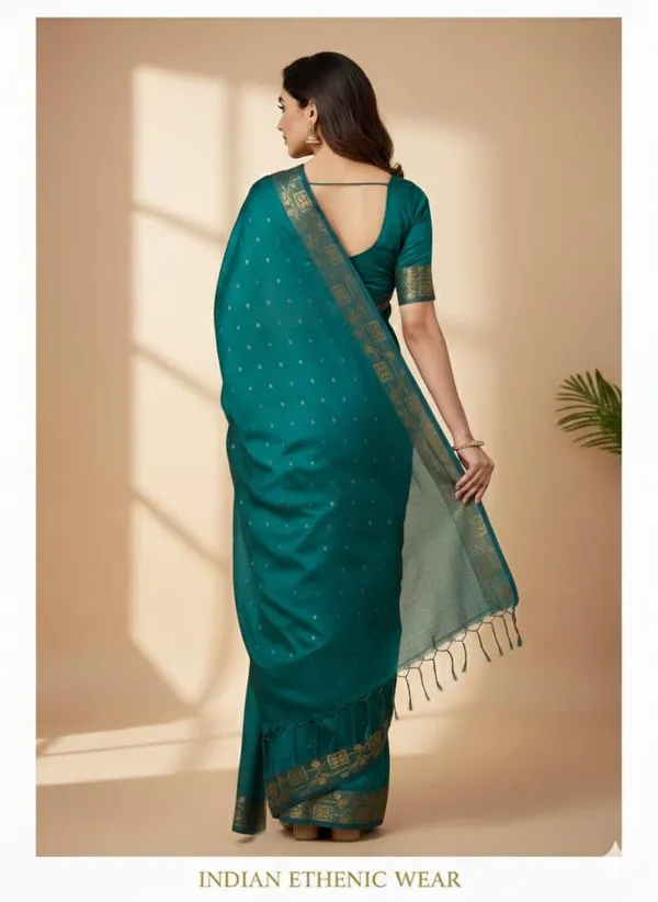 Green_Cotton_Hand_Woven_Bengal_Jamdani_Saree|Two-Tone_Plain_Saree_|_Handloom_Ethnic_Saree_With_Tassels_On_Pallu_|_Daily,_Office,_Festival_Wear_|_Blouse_Piece_For_Women