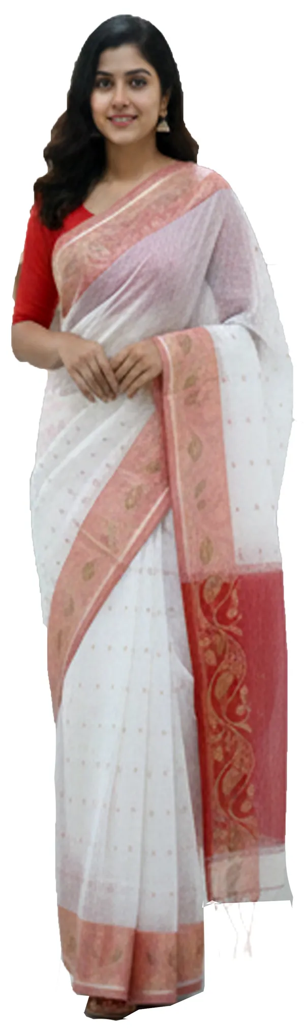 Red_&_White_Cotton_Silk_Saree_|Two-Tone_Plain_Saree_|_Handloom_Ethnic_Saree_With_Tassels_On_Pallu_|_Daily,_Office,_Festival_Wear_|_Blouse_Piece_For_Women