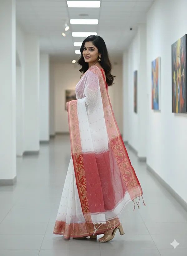 Red_&_White_Cotton_Silk_Saree_|Two-Tone_Plain_Saree_|_Handloom_Ethnic_Saree_With_Tassels_On_Pallu_|_Daily,_Office,_Festival_Wear_|_Blouse_Piece_For_Women