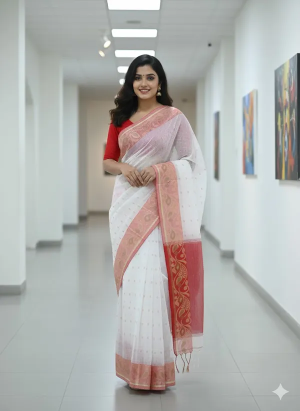 Red_&_White_Cotton_Silk_Saree_|Two-Tone_Plain_Saree_|_Handloom_Ethnic_Saree_With_Tassels_On_Pallu_|_Daily,_Office,_Festival_Wear_|_Blouse_Piece_For_Women