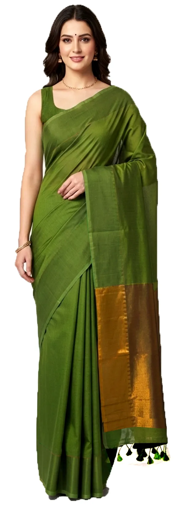 Mehendi_Green_With_Golden_Tissue_Silk_Pallu_Handloom_Color_Block_Soft_Cotton_Saree_Ethnic_Wear_For_Women
