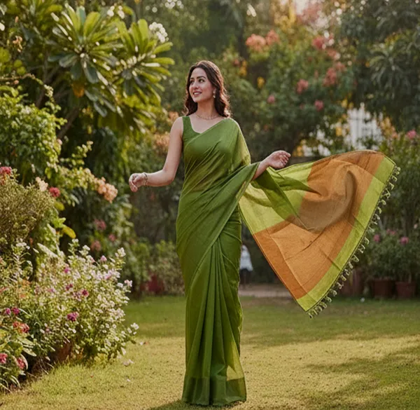 Mehendi_Green_With_Golden_Tissue_Silk_Pallu_Handloom_Color_Block_Soft_Cotton_Saree_Ethnic_Wear_For_Women