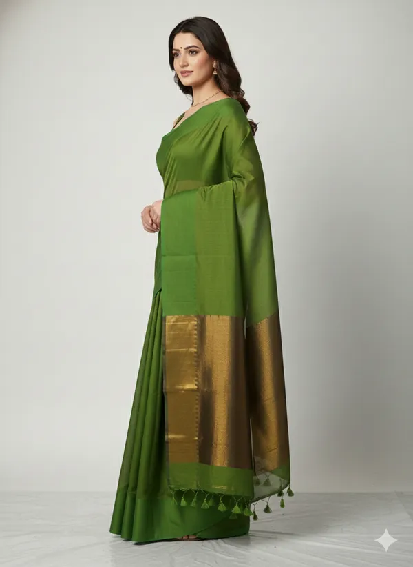 Mehendi_Green_With_Golden_Tissue_Silk_Pallu_Handloom_Color_Block_Soft_Cotton_Saree_Ethnic_Wear_For_Women