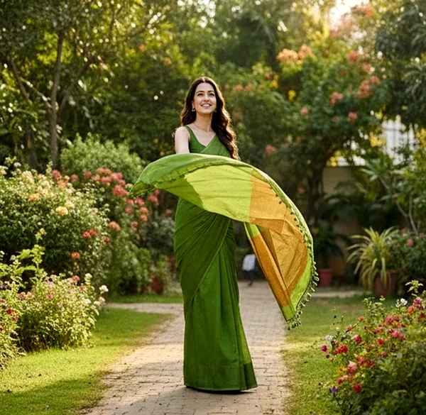 Mehendi_Green_With_Golden_Tissue_Silk_Pallu_Handloom_Color_Block_Soft_Cotton_Saree_Ethnic_Wear_For_Women