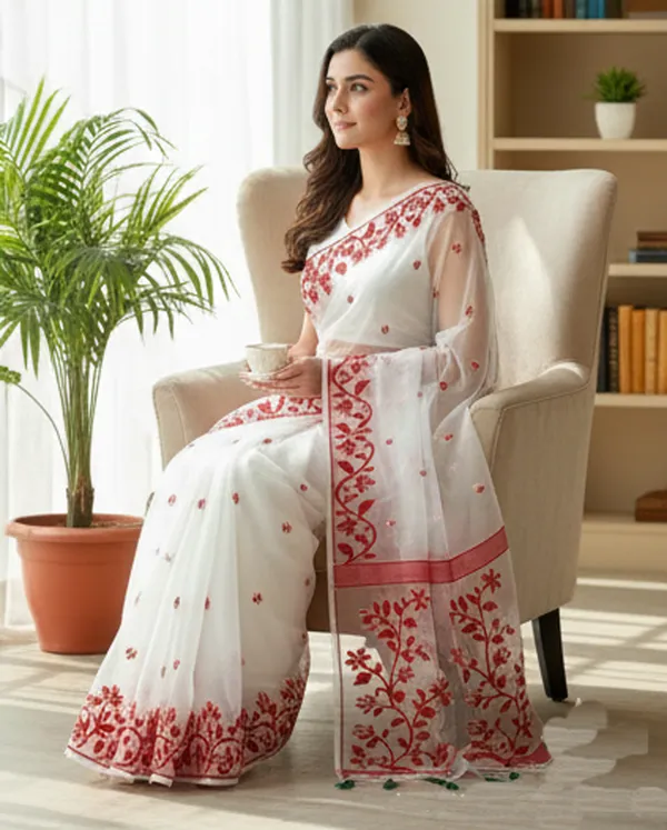 White_Handloom_Muslin_Bengal_Jamdani_Saree_For_Women