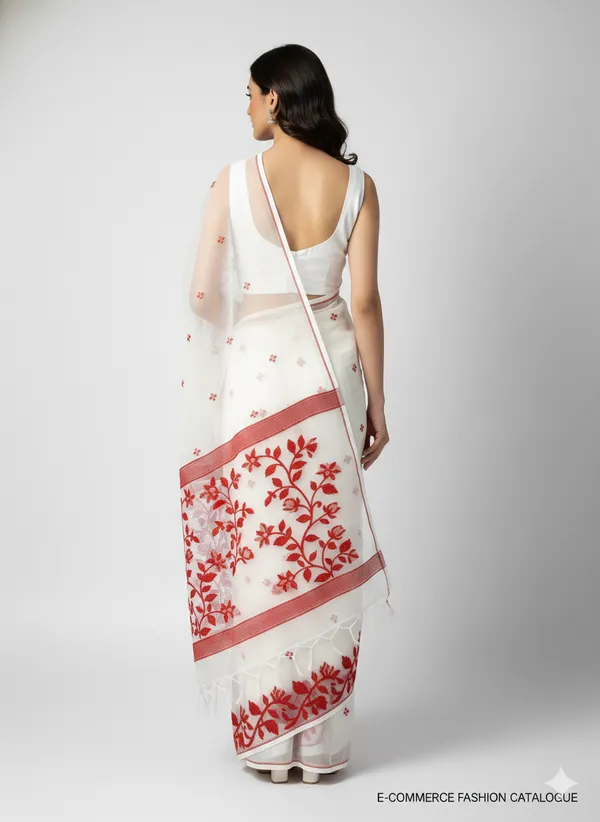 White_Handloom_Muslin_Bengal_Jamdani_Saree_For_Women