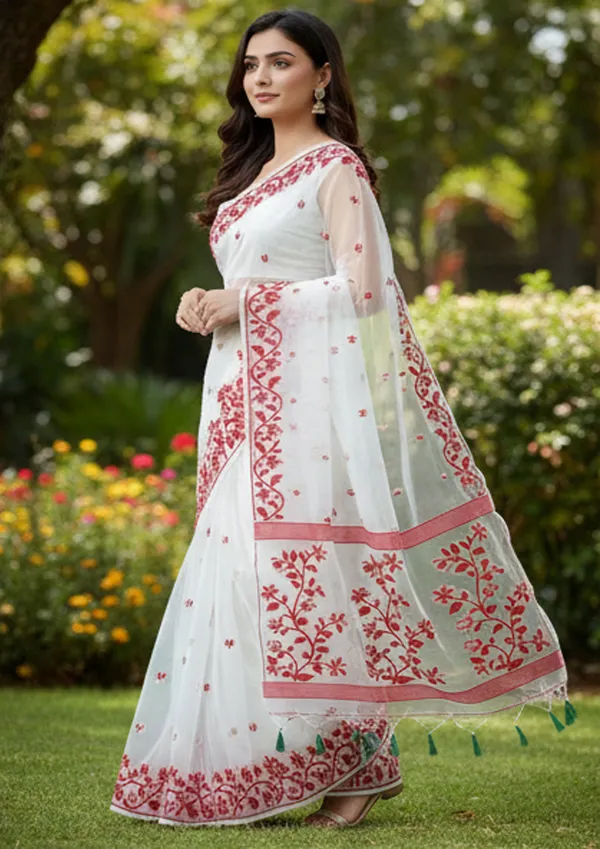White_Handloom_Muslin_Bengal_Jamdani_Saree_For_Women