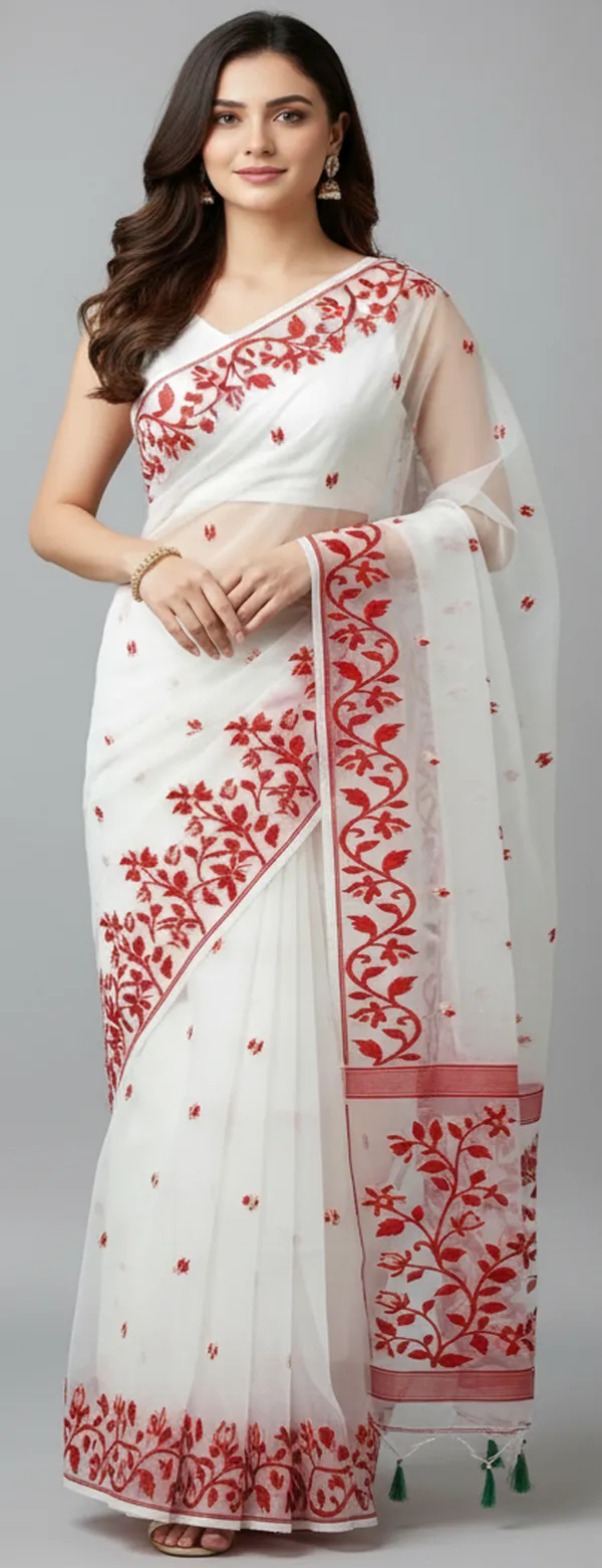 White_Handloom_Muslin_Bengal_Jamdani_Saree_For_Women