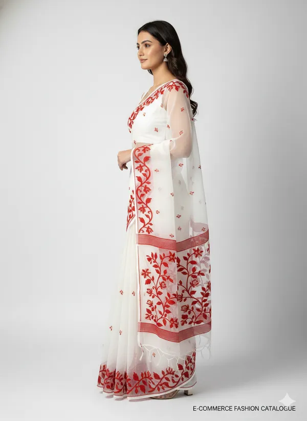 White_Handloom_Muslin_Bengal_Jamdani_Saree_For_Women
