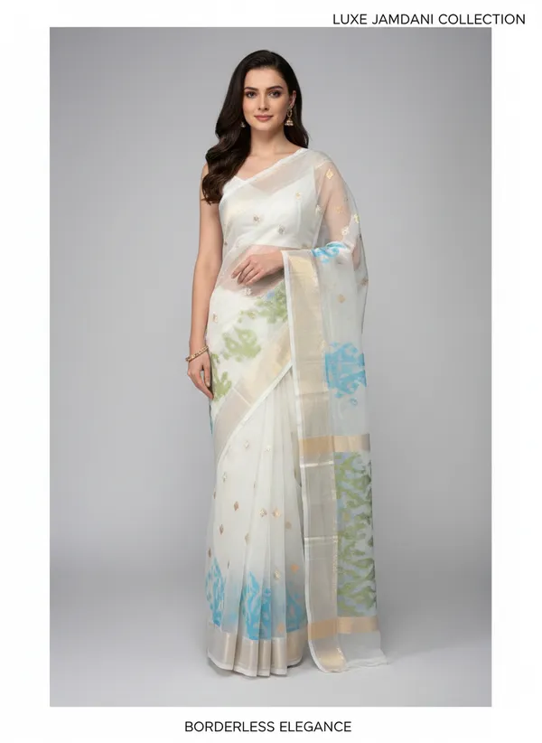 Blue_&_White_Handloom_Muslin_Bengal_Jamdani_Saree_For_Women
