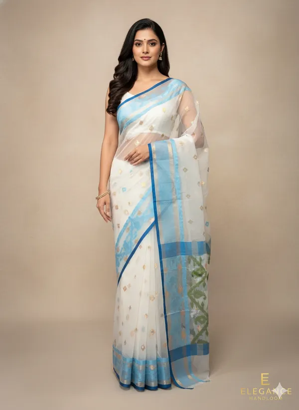 Blue_&_White_Handloom_Muslin_Bengal_Jamdani_Saree_For_Women