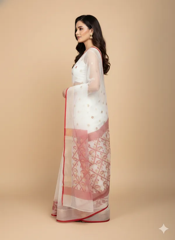 White_Premium_Handloom_Muslin_Bengal_Jamdani_Saree_For_Women