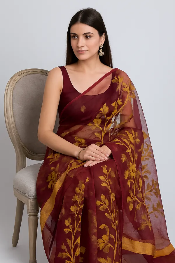 Brown_Premium_Handloom_Muslin_Bengal_Jamdani_Saree_For_Women