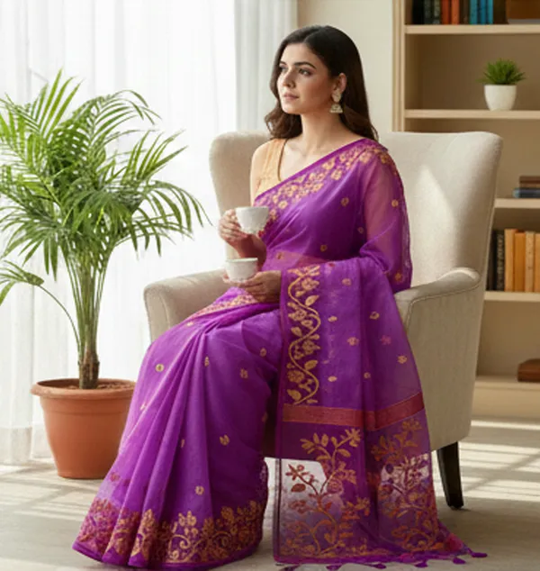 Purple_Premium_Handloom_Muslin_Bengal_Jamdani_Saree_For_Women