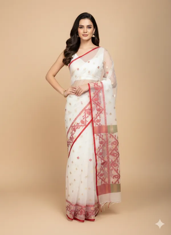 White_Premium_Handloom_Muslin_Bengal_Jamdani_Saree_For_Women