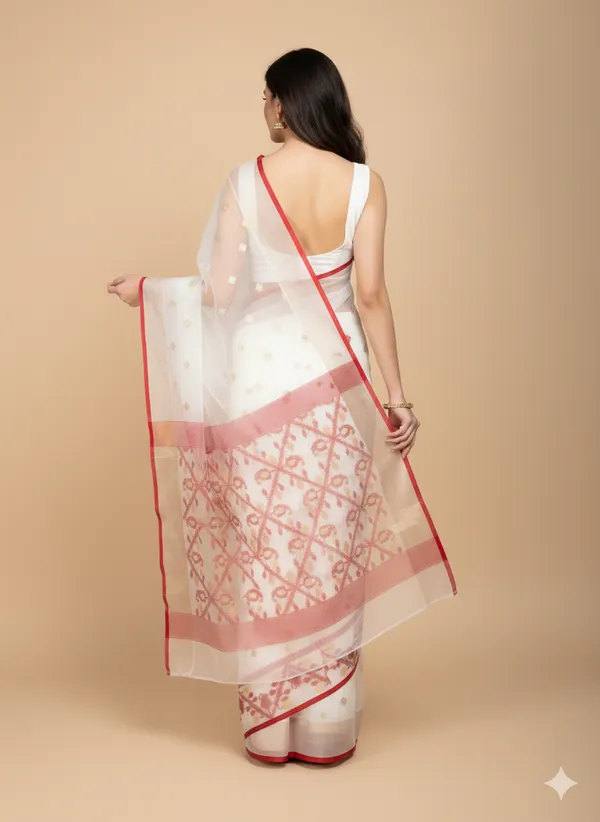 White_Premium_Handloom_Muslin_Bengal_Jamdani_Saree_For_Women