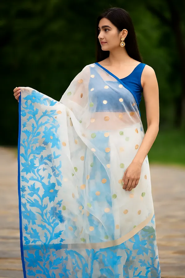Blue_&_White_Handloom_Muslin_Bengal_Jamdani_Saree_For_Women