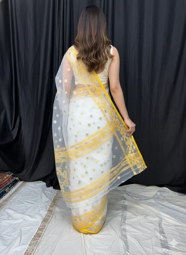 Yellow_Handloom_Muslin_Bengal_Jamdani_Saree_For_Women