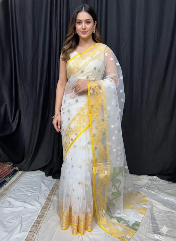 Yellow_Handloom_Muslin_Bengal_Jamdani_Saree_For_Women