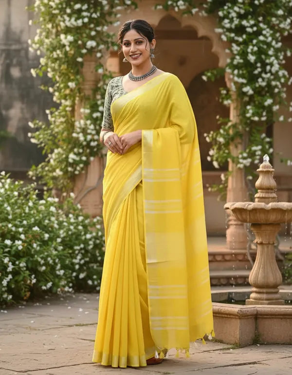 Yellow_Handloom_Stripe_Zari_Cotton_Silk_Saree_For_Women
