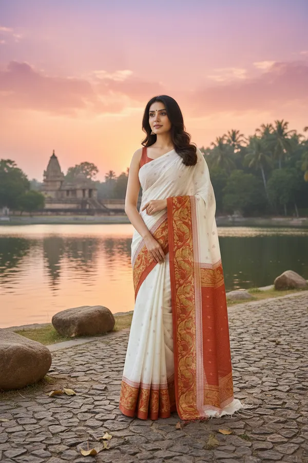 Red_&_White_Cotton_Saree_|Two-Tone_Plain_Saree_|_Handloom_Ethnic_Saree_With_Tassels_On_Pallu_|_Daily,_Office,_Festival_Wear_|_Blouse_Piece_Included_For_Women