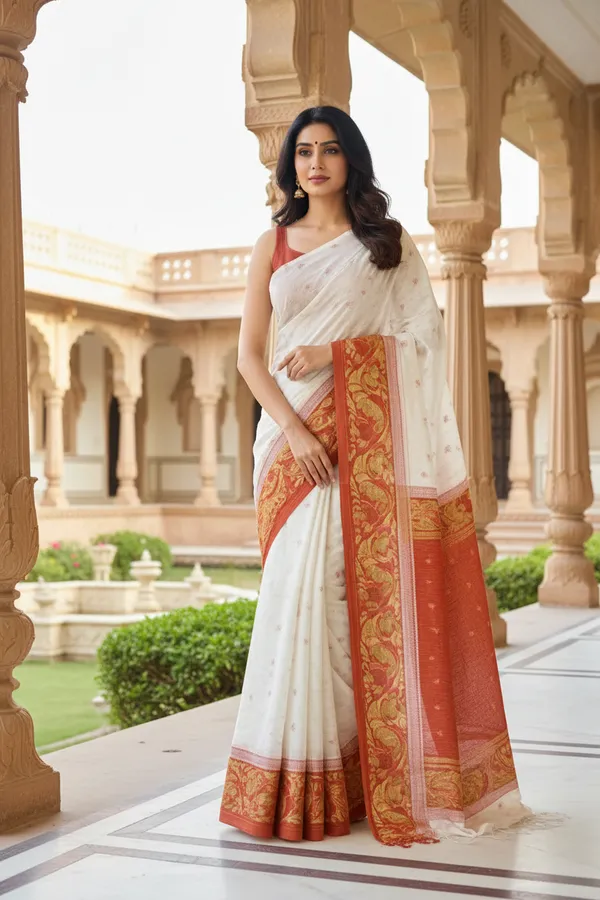 Red_&_White_Cotton_Saree_|Two-Tone_Plain_Saree_|_Handloom_Ethnic_Saree_With_Tassels_On_Pallu_|_Daily,_Office,_Festival_Wear_|_Blouse_Piece_Included_For_Women