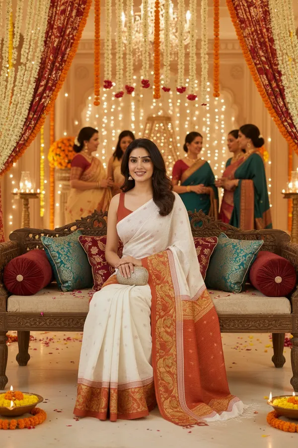 Red_&_White_Cotton_Saree_|Two-Tone_Plain_Saree_|_Handloom_Ethnic_Saree_With_Tassels_On_Pallu_|_Daily,_Office,_Festival_Wear_|_Blouse_Piece_Included_For_Women