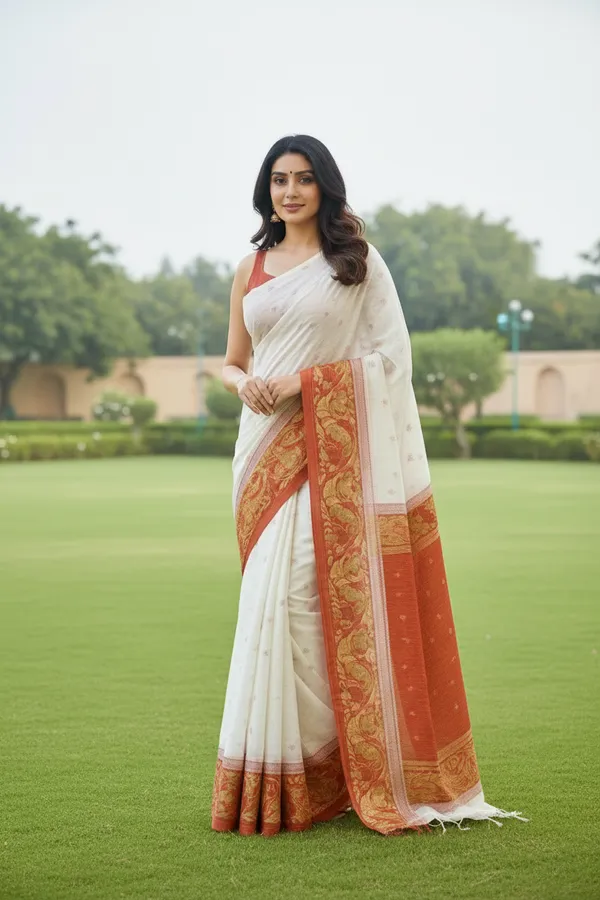 Red_&_White_Cotton_Saree_|Two-Tone_Plain_Saree_|_Handloom_Ethnic_Saree_With_Tassels_On_Pallu_|_Daily,_Office,_Festival_Wear_|_Blouse_Piece_Included_For_Women